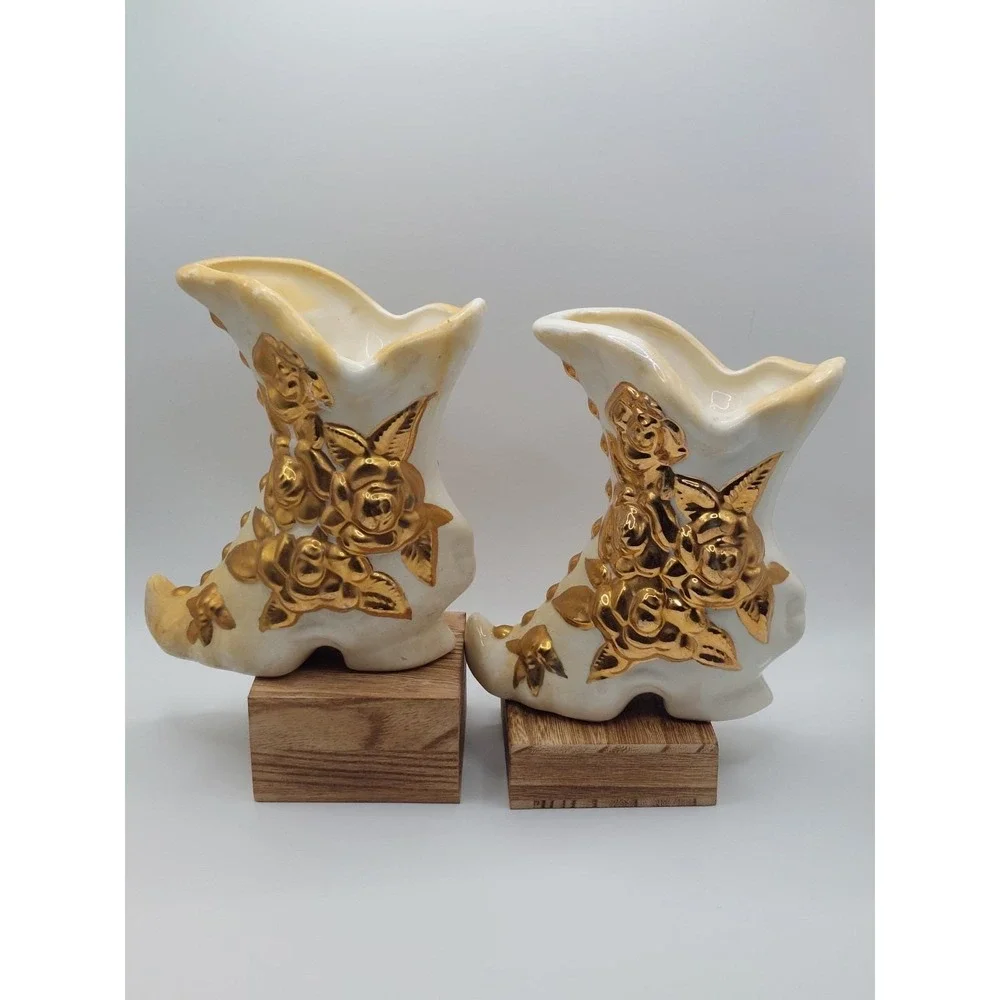 Vintage White Gold Ceramic Boot Planter Pair Rose Floral Shabby Chic Victorian